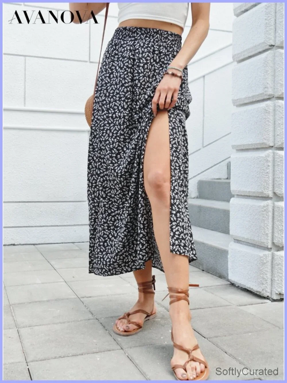 Boho Floral Maxi Skirt with Side Slit High Waisted Lightweight Vacation